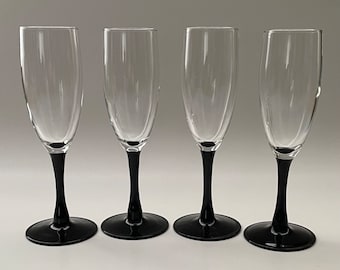 Vintage Luminarc Domino Champagne Flutes - Black Stem, Set of 4