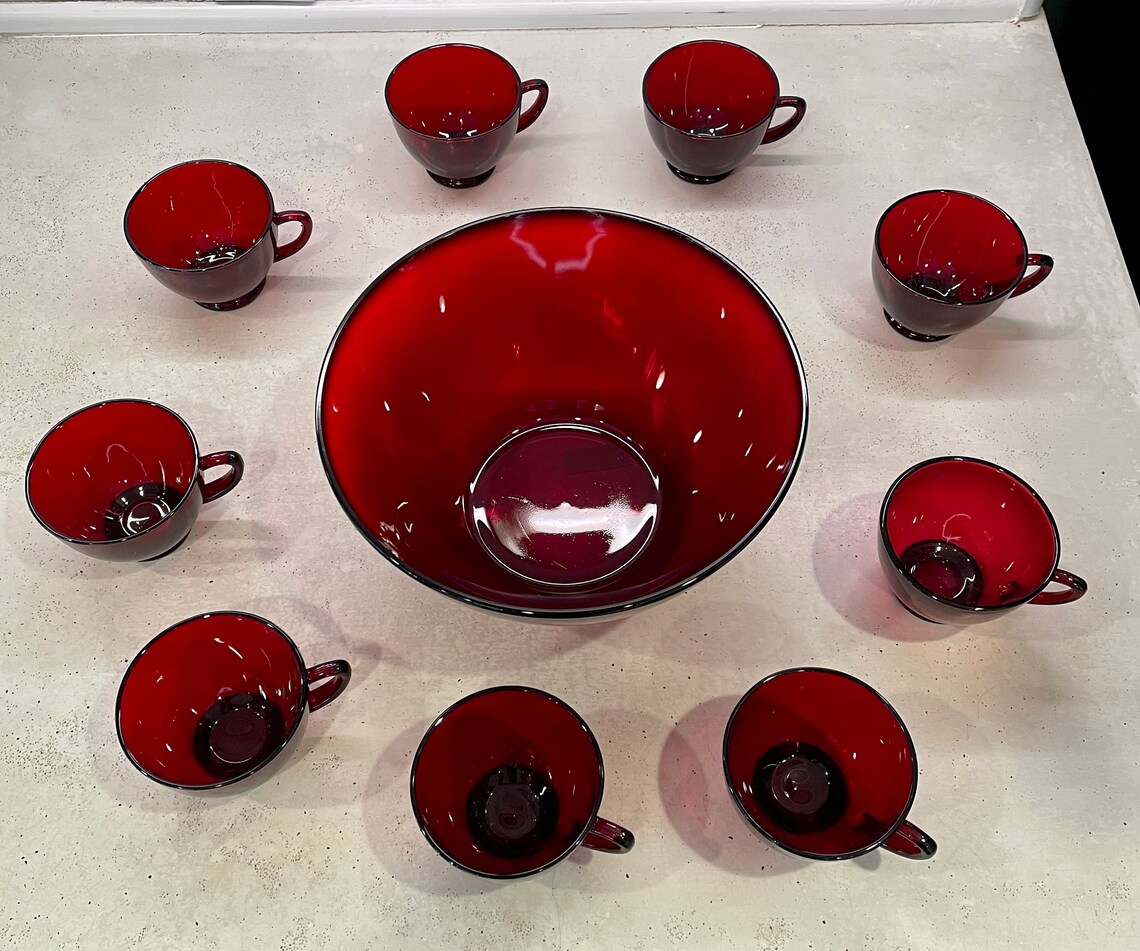 Vintage Ruby Red Punch Bowl Set with 8 Glasses Cristal Etsy
