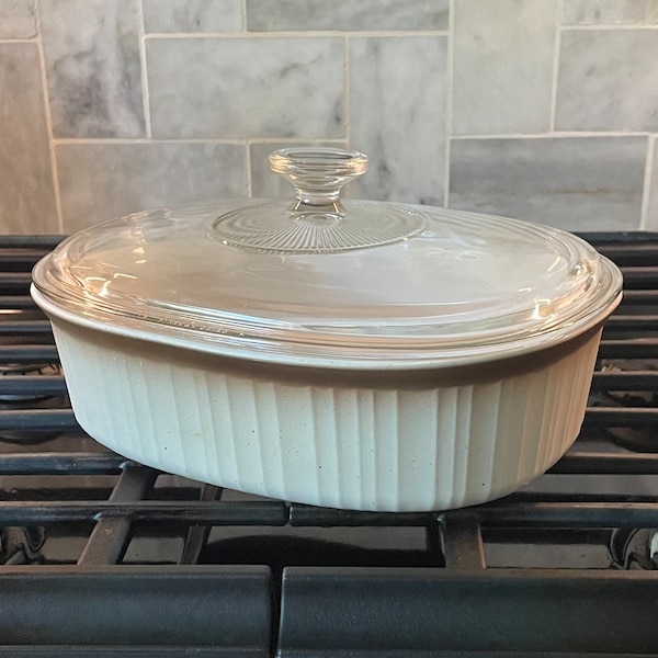 Vintage Corning Ware French Bisque F-2-B Oval Casserole with Lid 2.8 Quart 2.8 Liter Pyroceram Glass Baking Dish Made in the USA in 1990's