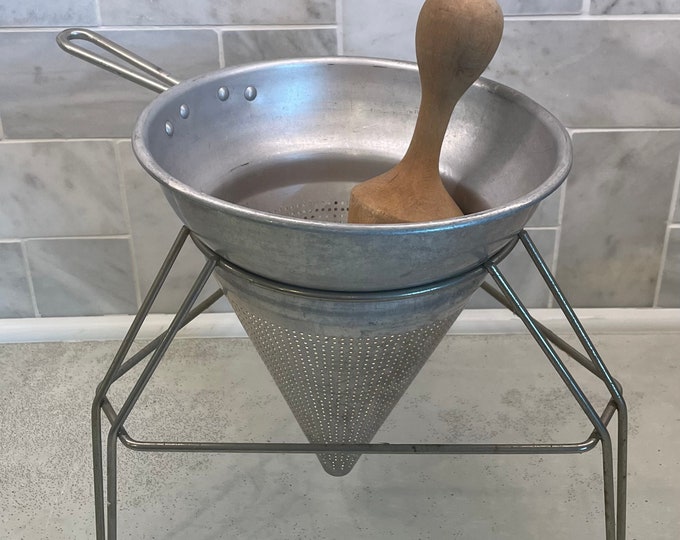 Vintage Strainer Cone Sieve Wood Pestle Tripod Stand Canning Applesauce Masher Colander Metal