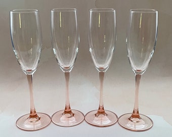 Set of 4 Luminarc France Pink Stem Champagne Flutes - Made in France in the 1980's - Luminarc La Flute Rosee 5 ounce champagne Flutes