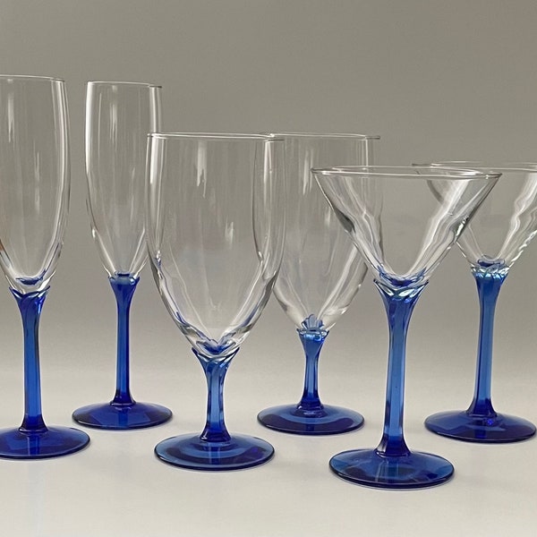 Set of 6 Vintage Libby Domaine Blue Stem Martini Glasses Champagne Flutes Water Goblets - Blue Stem Libby Replacements Made in the 1980's