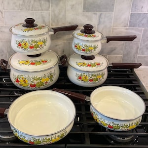 Enamel Cookware Set of 2 Sauce Pans Vintage Distressed White With