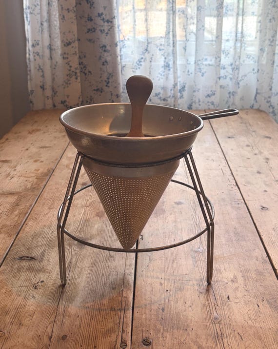 Vintage Canning Sieve on Tri Pod Stand with Wood Pestle For Applesauce, Jam, Jelly