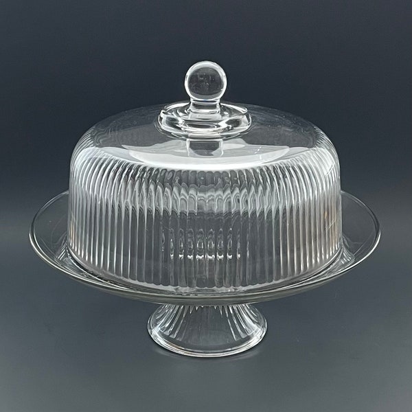 Vintage Cake Stand with Cover Anchor Hocking Monaco Ribbed Clear Glass Pedestal Cake Stand with Cover - 13" x 4 1/2" Wedding Cake Display