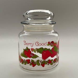 Vintage Strawberry Print Glass Storage Jar with Plastic Seal Berry Good Print with Strawberry Patch  Made in the 1990&#39;s