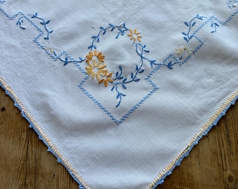 Vintage Blue and Yellow Floral Embroidered Tablecloth 3' x 2.9' Square White Cotton Table Covering