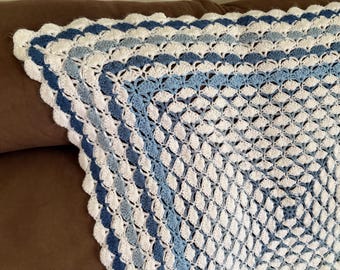 Vintage Blue and White Crochet Knitted Afghan Throw Blanket 2.6' x 2.6' Small Soft Lapghan