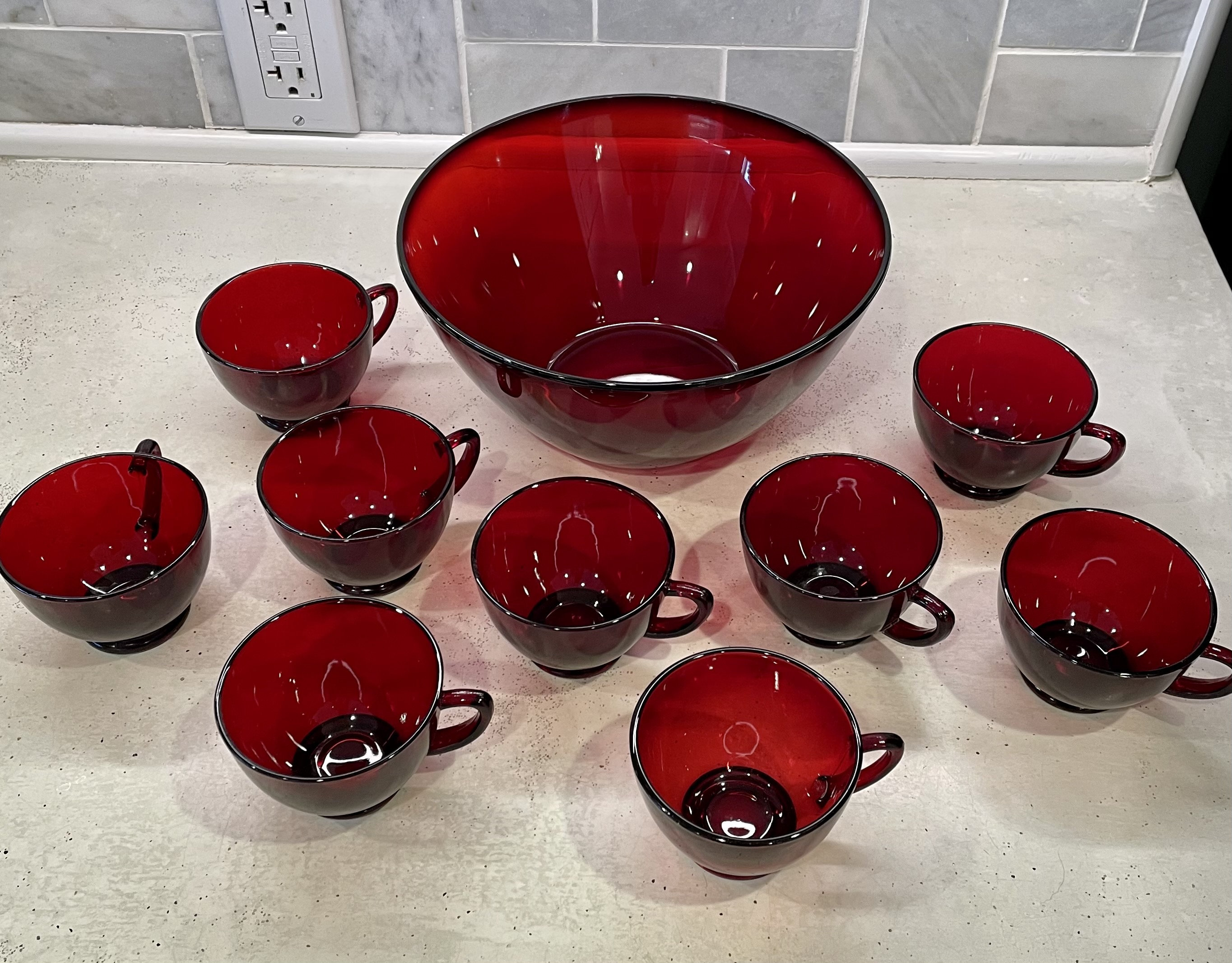 Vintage Ruby Red Punch Bowl Set with 8 Glasses Cristal | Etsy