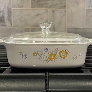 Vintage Corning Ware Floral Bouquet Casserole Baking Dish 1 Liter A-1-B Pyroceram Glass Made in the USA in the 1960&#39;s
