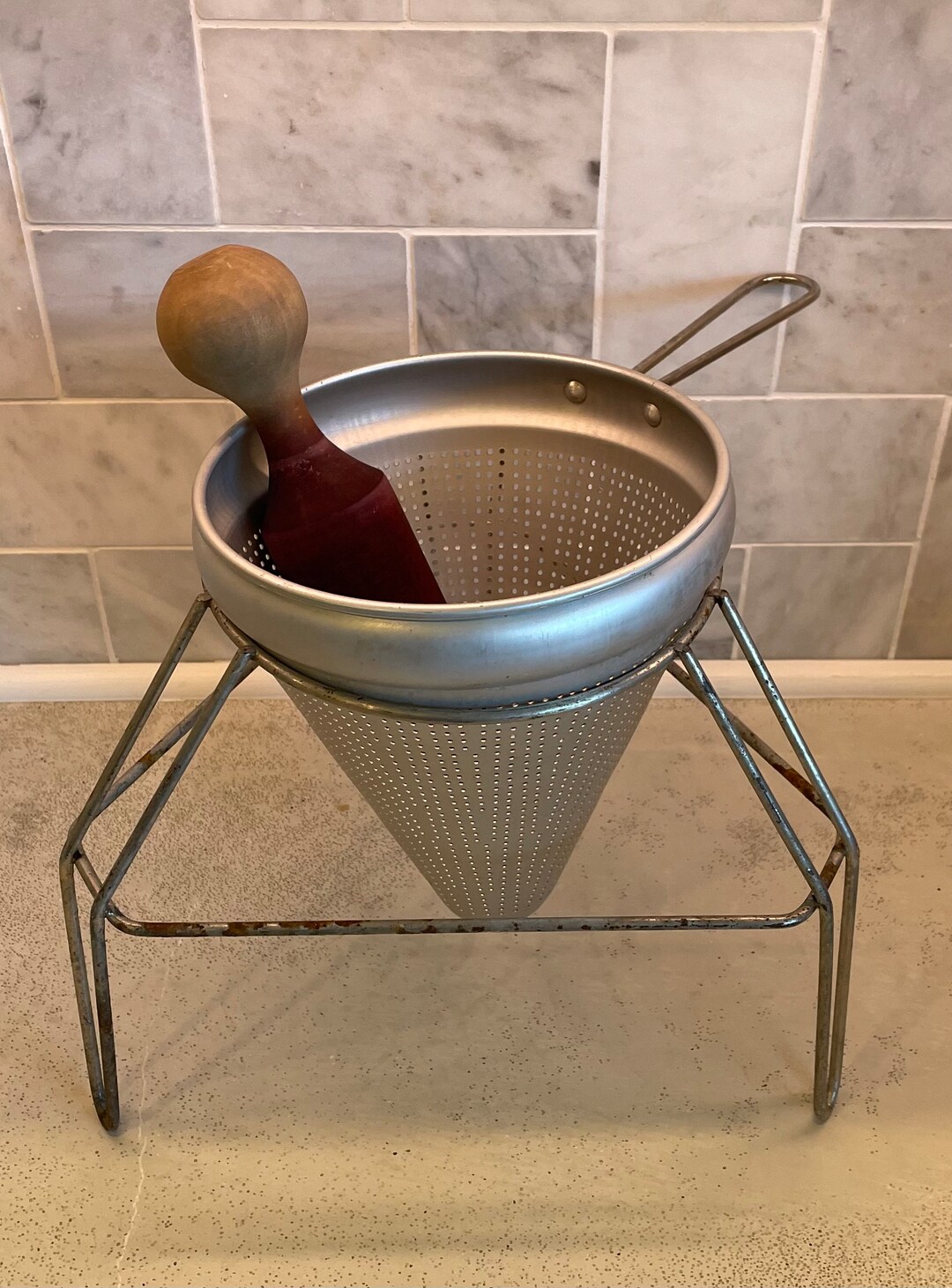 Vintage Strainer Cone Sieve Wood Pestle Tripod Stand Canning Etsy