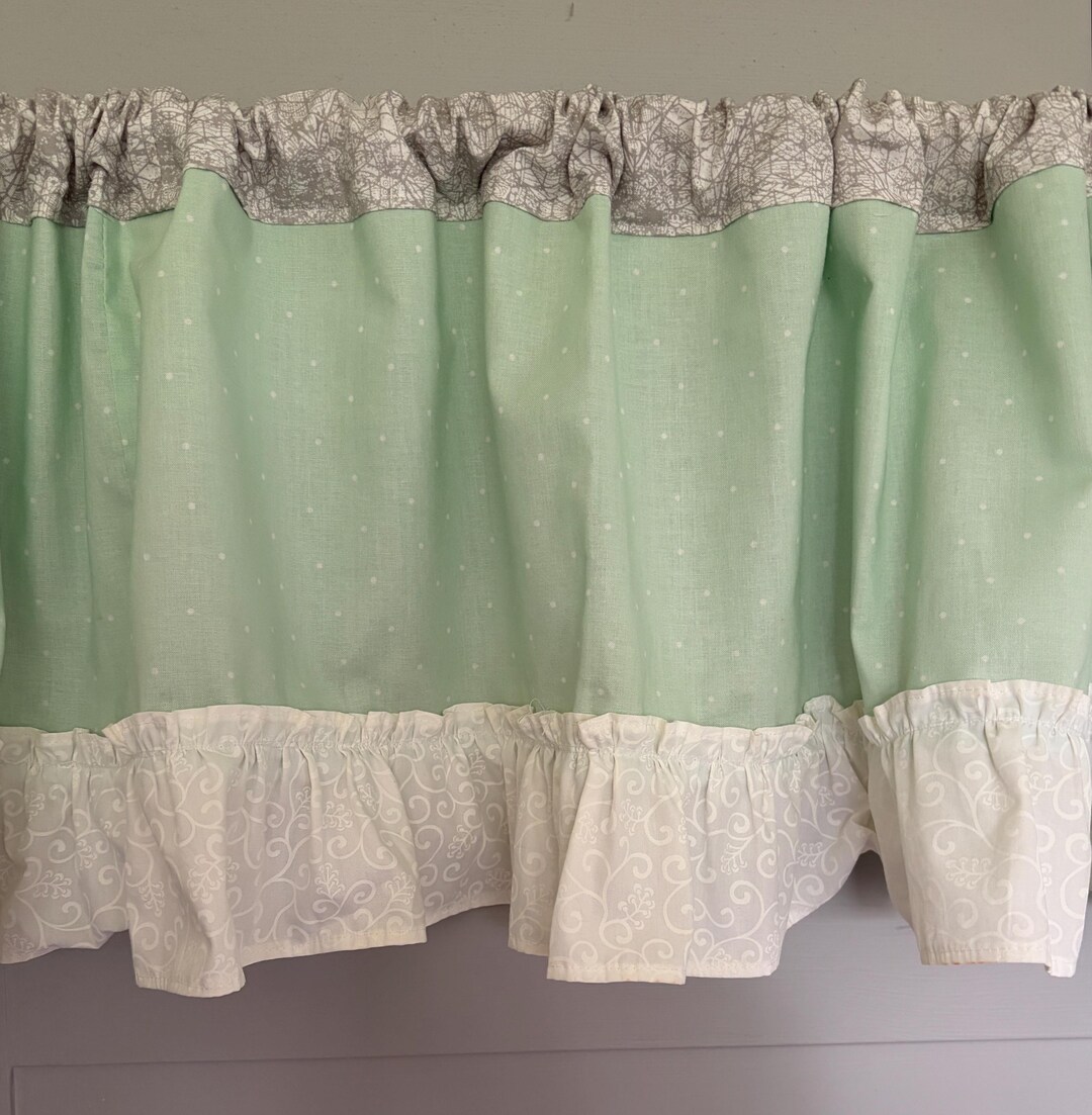 2 Vintage Handmade Valance Curtains Mint Green, Gray, White Ruffle ...