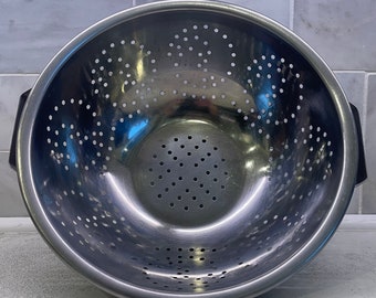 Vintage Colander with Scroll Pattern Holes 9 1/2" x 4 1/2" Metal Fruit and Vegetable Colander on Stand with Metal Handles