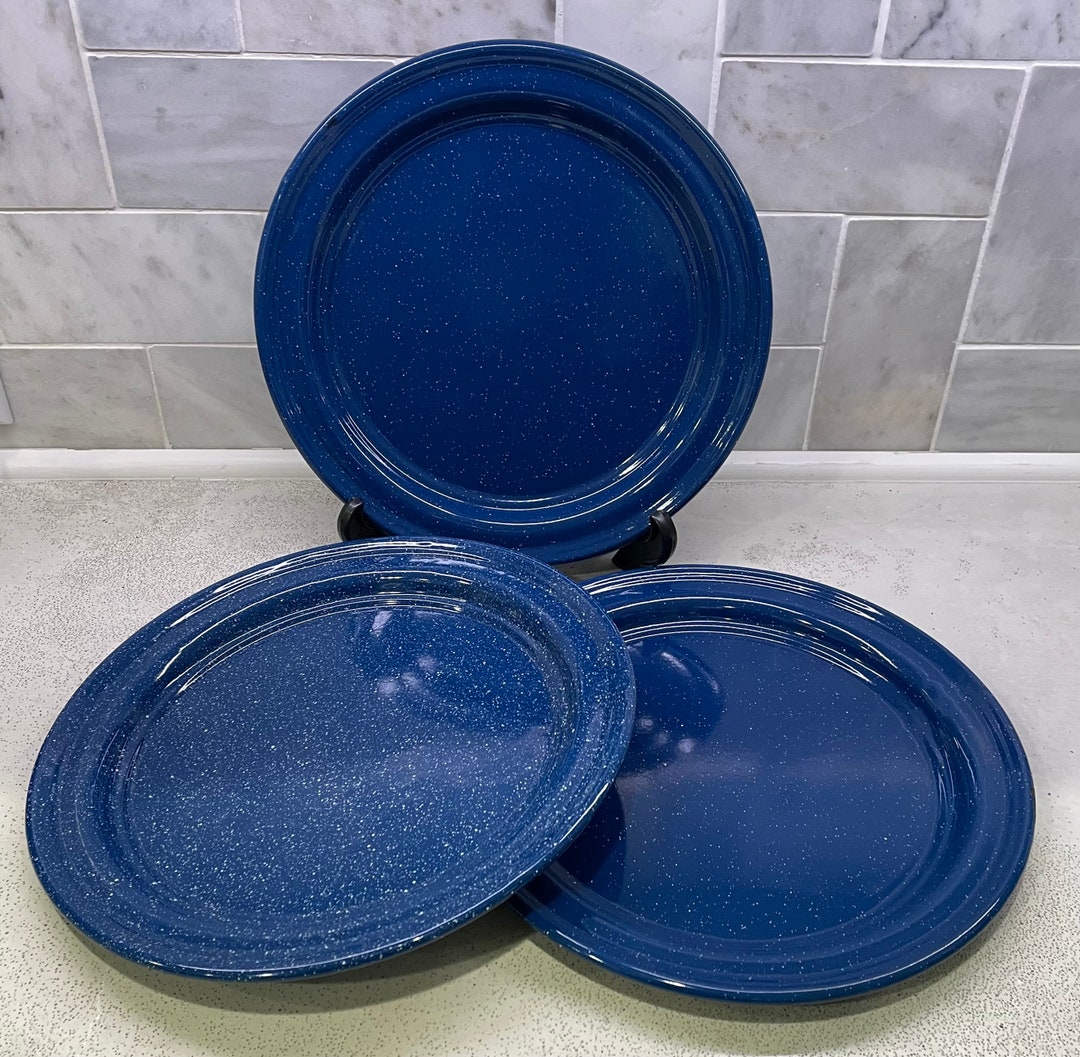 Set of 3 Blue Speckled Enamelware Plates Deep Enameled Plate Etsy