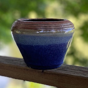 Vintage Ceramic Planter Blue and Brown Tones 4 1/4 Tall x 6" Wide - Heavy Duty Indoor / Outdoor Handmade Plant Pot