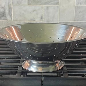 Vintage Metal Colander 12" wide x 4 1/2" tall Metal Fruit and Vegetable Colander on Stand With Handles