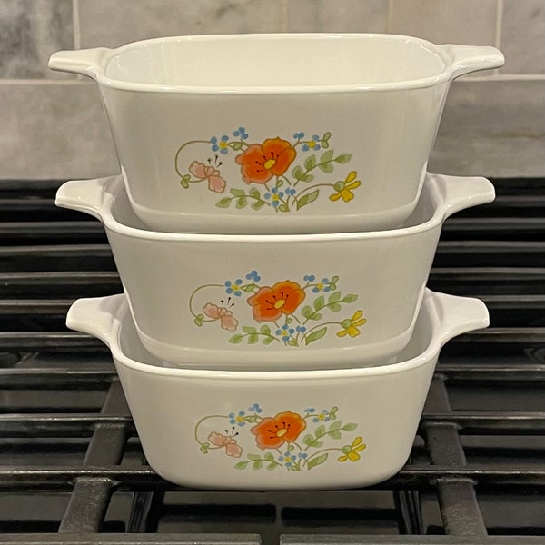 3 Pc Gift Set Vintage Corning Ware Wildflower Mini Casserole Baking Dishes 2 3/4 Cup P-43-B Pyroceram Glass Made in the USA in the 1960's