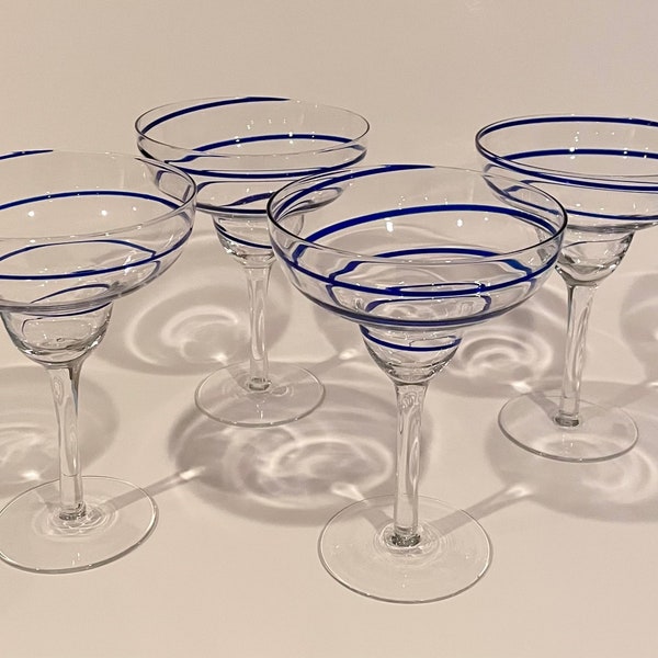 Set of 4 Vintage Pier One Blue Swirline Margarita Glasses 10 ounce - Vintage Pier One Cocktail Glass - Gift For Mom