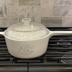 May include: White ceramic saucepan with a glass lid and a floral design. The saucepan is on a black stovetop.