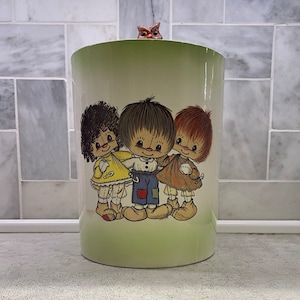 Vintage Ceramic Cookie Jar Featuring Kids and Owl Handles - Made in Oregon in the 1970&#39;s