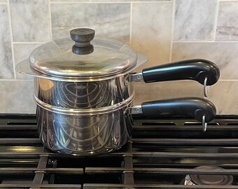 4 Pc Vintage Revere Ware Stainless Steel Tri Ply Steamer Set - 2 Quart Pot, Steamer Pot, Lid, Double Boiler Insert Made in USA Clinton Ill