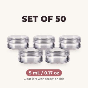 5ml Clear Plastic Jars with Screw Lids, Set of 50, Clear White or Black Lid, Mini Sample Containers for Lip Balm, Cosmetics, Beads