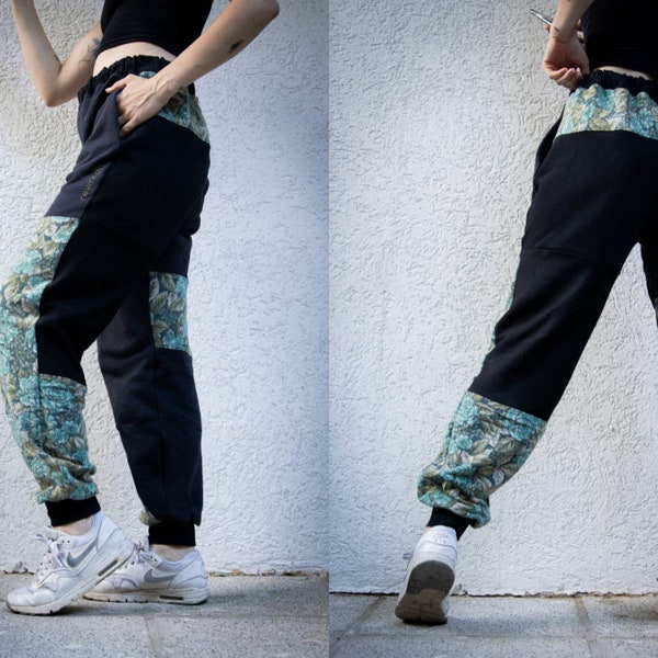 Patchwork Jogginghose aus Upcycling-Material in Schwarz Blau Größe M