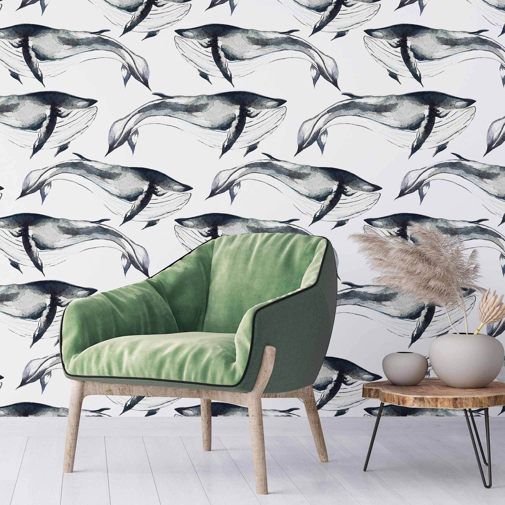 Black and White Whale Peel and Stick Removable Wallpaper 7880 | Etsy