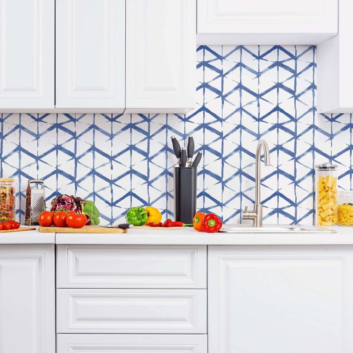 Blue Chevron Peel and Stick Removable Wallpaper 2068 - Etsy
