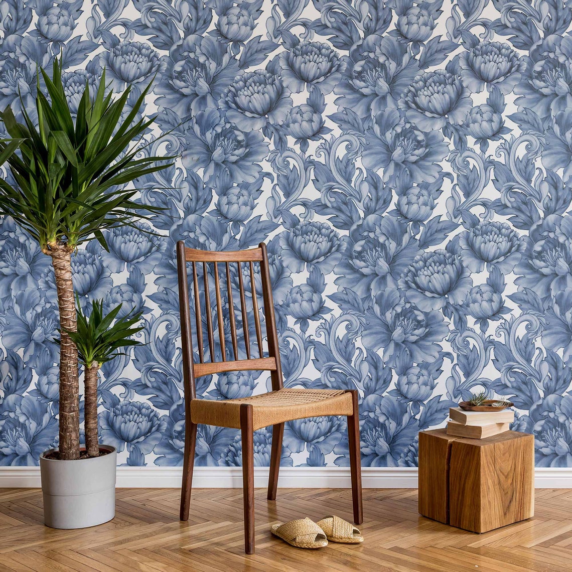 Blue Flower Peel and Stick Removable Wallpaper 6295 | Etsy