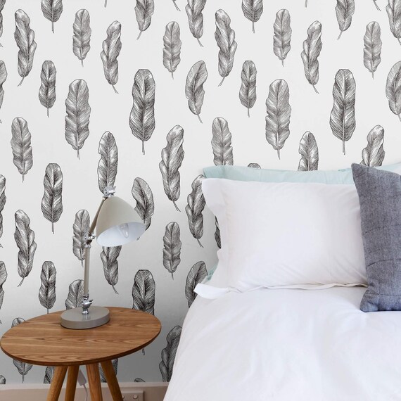 Black and White Feather Peel and Stick Removable Wallpaper | Etsy