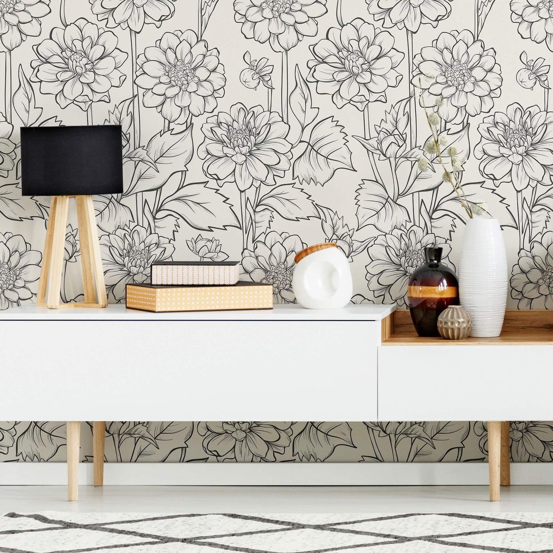 Black and White Botanical Peel and Stick Removable Wallpaper 0663 - Etsy