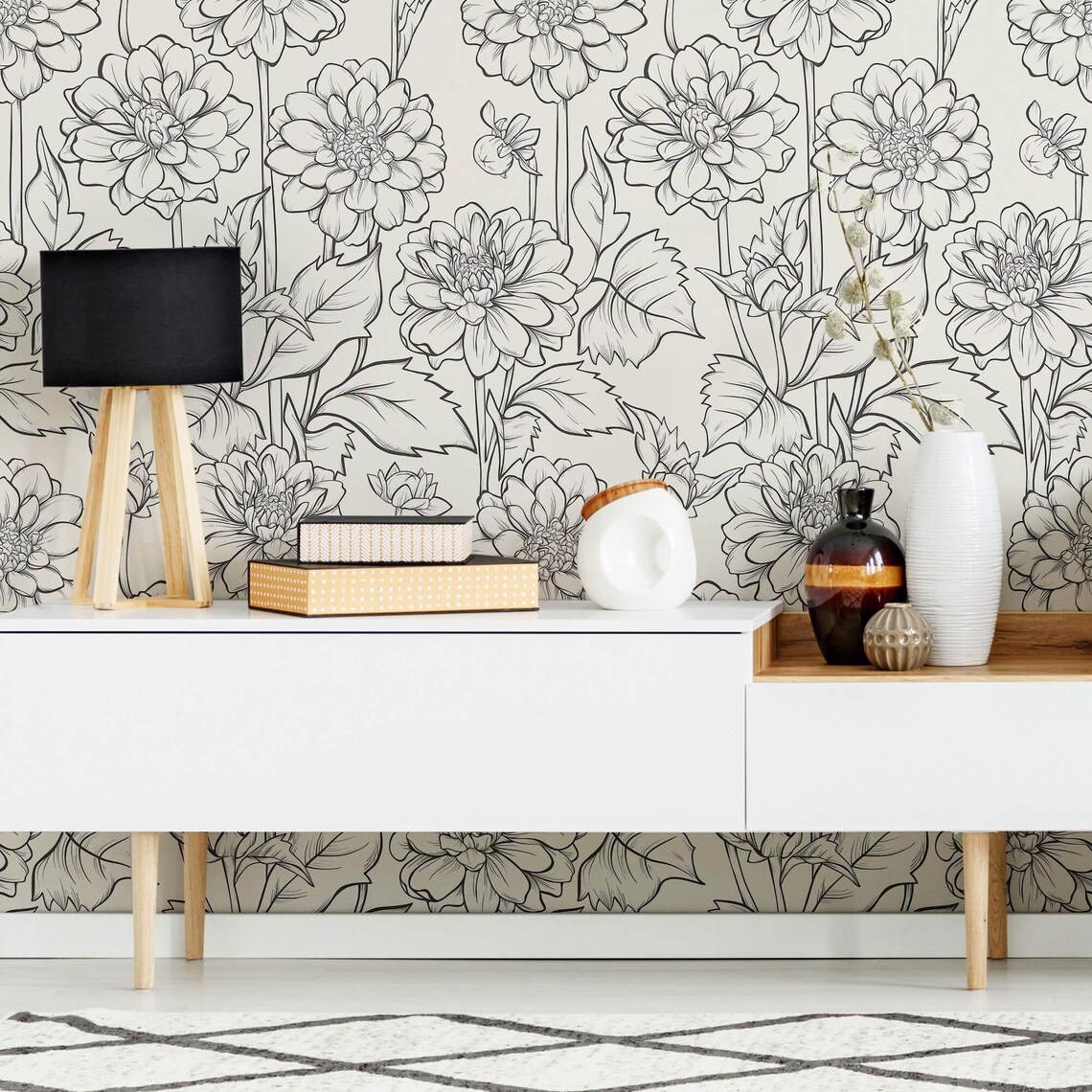 Black and White Botanical Peel and Stick Removable Wallpaper Etsy