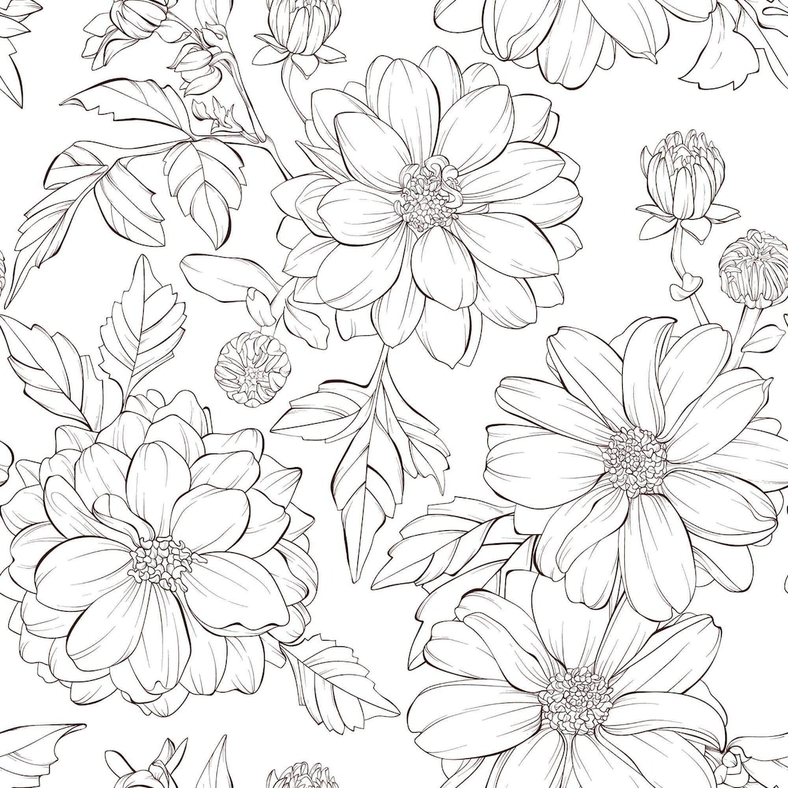Black and White Botanical Peel and Stick Removable Wallpaper Etsy