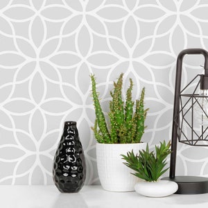 May include: A white ceramic planter with a green cactus plant and a black ceramic vase with a textured surface. The planter and vase are sitting on a white countertop in front of a gray wall with a white geometric pattern.