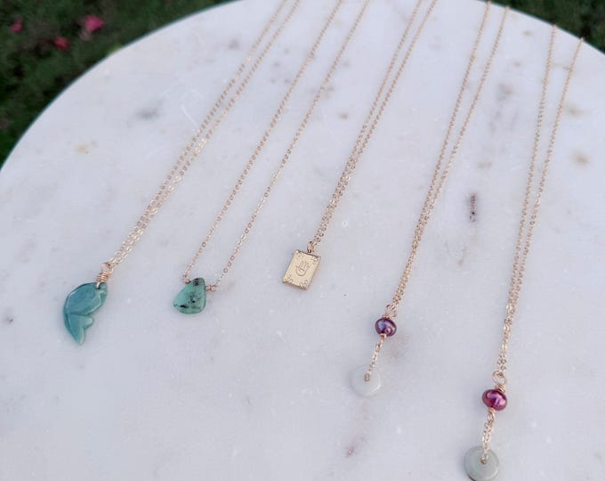 Jade, Pearl, Hamsa Gold Fill Necklaces
