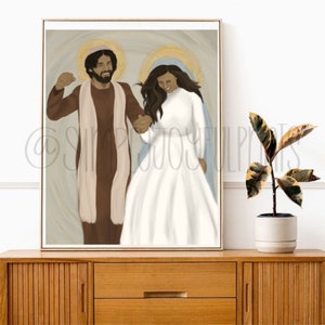 May include: A digital painting of a couple, a man and a woman, walking hand-in-hand. The man is wearing a brown robe with a white shawl and the woman is wearing a white dress. They both have halos above their heads.