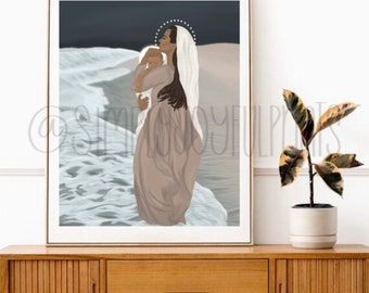 May include: A digital illustration of a woman in a white robe holding a baby in her arms. The woman has dark skin and long dark hair. The background is a dark blue with white waves.
