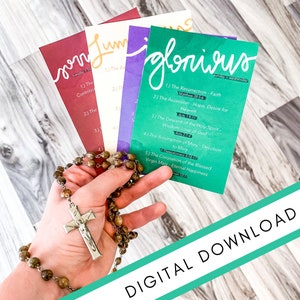 Die Geheimnisse des Rosenkranzes Digitale Gebetskarten mit Früchten und Reflexionsschrift