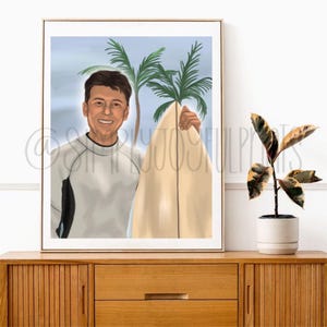 May include: A digital painting of a person holding a surfboard. The person is wearing a white wetsuit and has brown hair. The background is a blue sky with palm trees.