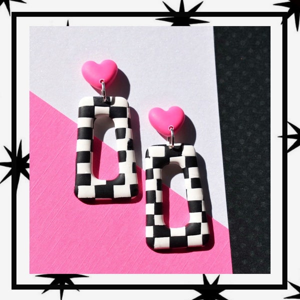 Babs - Black and white checkerboard trapezoid, hot pink heart dangle. Retro, one-of-a-kind, unique polymer clay earrings.