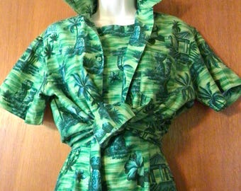 Hawaiiaanse jurk en shirt Matchy Matchy groen satijnkatoen vintage herenshirt, palmbomen, hibiscus, hutten en meer!