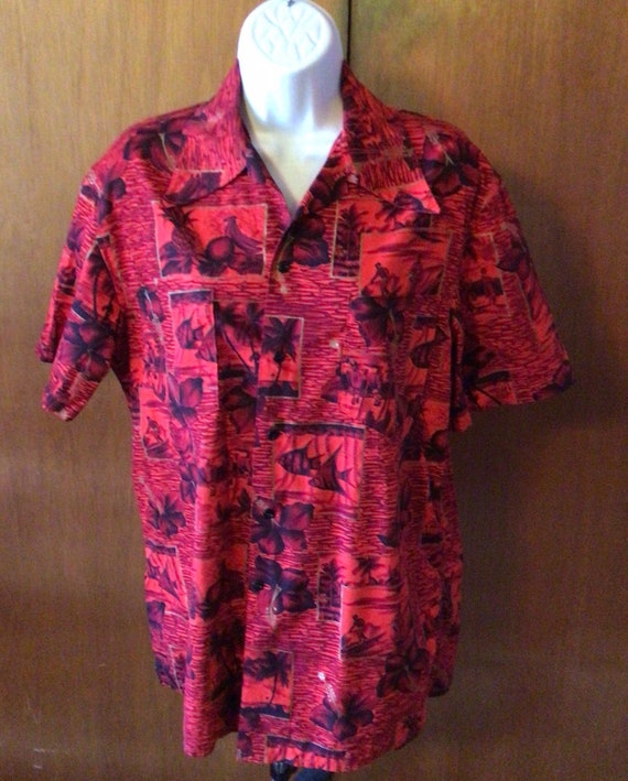 Vintage 1960s Hawaiian cover up, cotton red metal… - image 3