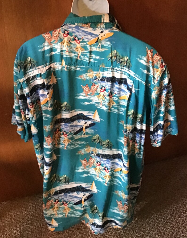 ukulele Diamond head, Vintage large hula dancers 80\u2019s Hawaiian shirt Palm trees Aloha surfers