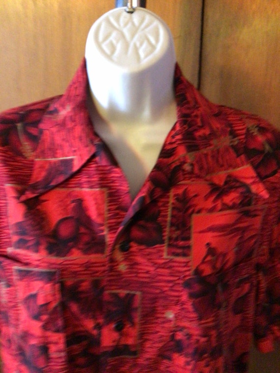 Vintage 1960s Hawaiian cover up, cotton red metal… - image 4