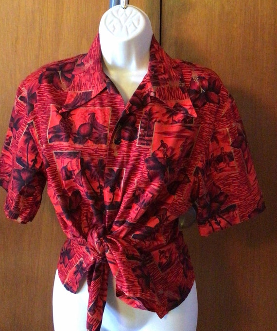 Vintage 1960s Hawaiian cover up, cotton red metal… - image 5