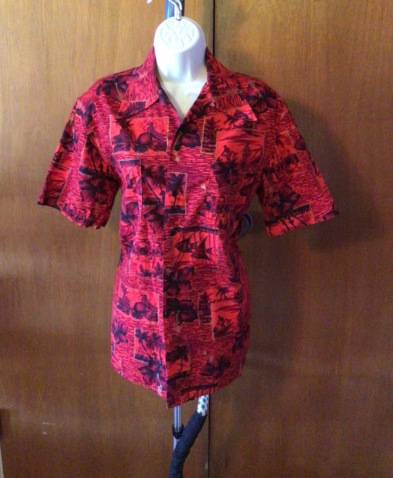 Vintage 1960s Hawaiian cover up, cotton red metal… - image 1