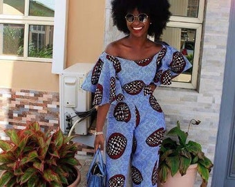 Mabel off-shoulder ankara jumpsuit with pockets.