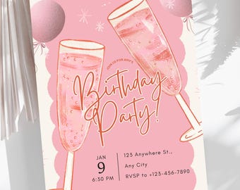 May include: Pink birthday party invitation with champagne flutes, balloons, and text. The invitation includes the date, time, and RSVP information. The design features a light pink background with a scalloped edge.