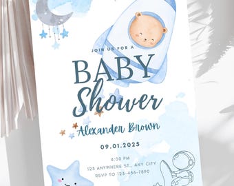 Rocket Baby Shower Invitation | Astronaut Theme, Blue (Editable Canva Template)